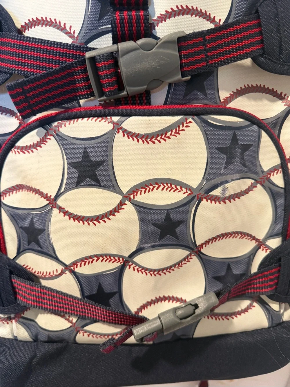 Pottery Barn Kids Navy, Gray & Red Baseball Pattern Backpack